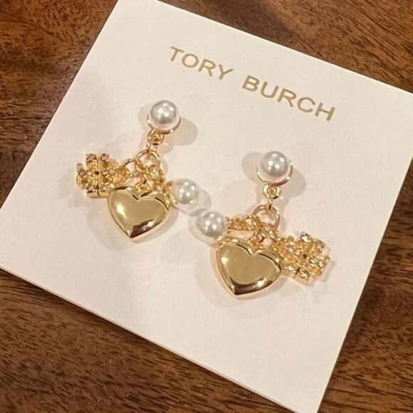 NWOT Tory Burch Kira Gold, Logo, Pearl Charm Dangle Earring’s - Picture 3 of 5